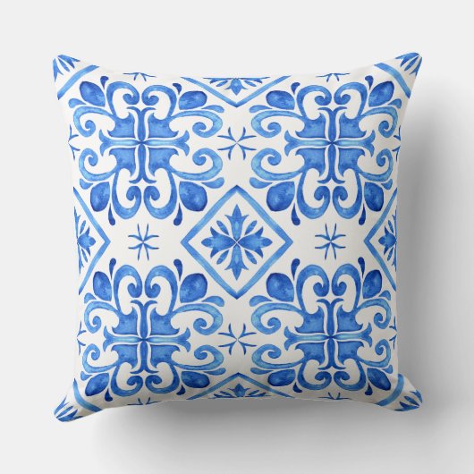 Blue Moroccan Zellige Pattern Throw Pillow クッション (裏面)