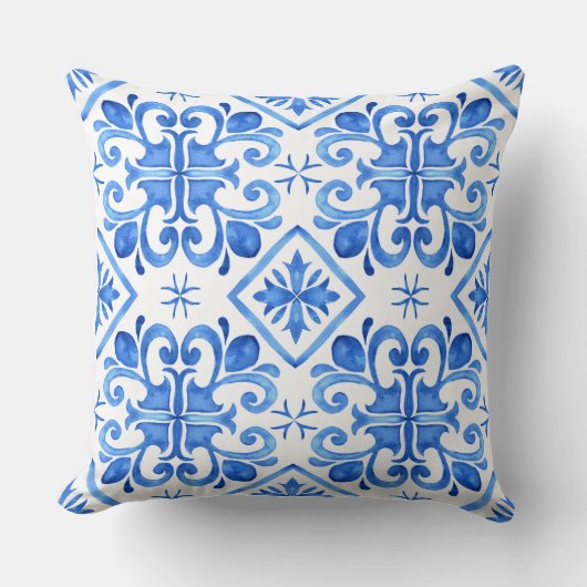 Blue Moroccan Zellige Pattern Throw Pillow クッション (正面)