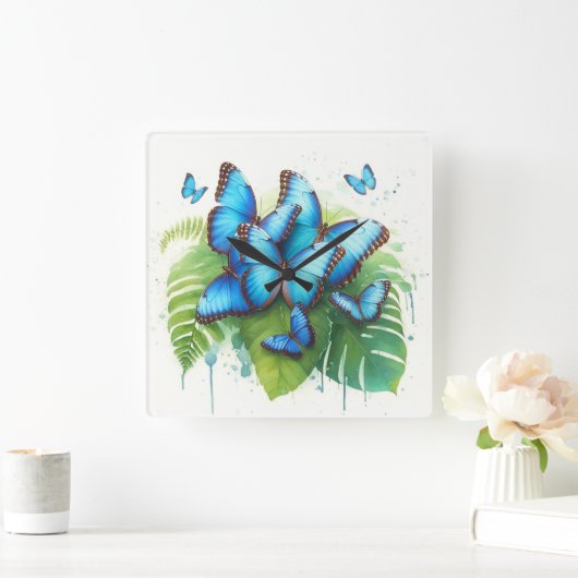Blue Morpho Butterflies Gathering REF256 - Waterco スクエア壁時計 (ホーム)