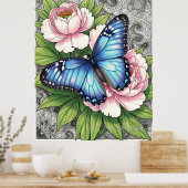  Blue Morpho Butterfly Floral Botanical Art  ポスター (キッチン)