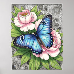  Blue Morpho Butterfly Floral Botanical Art  ポスター