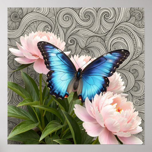Blue Morpho Butterfly Floral Botanical Art  Poste ポスター (正面)