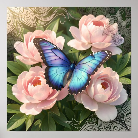Blue Morpho Butterfly Floral Botanical Art Poste ポスター (正面)