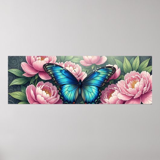 Blue Morpho Butterfly Floral Botanical Art Poster ポスター (正面)