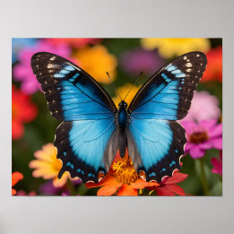 Blue Morpho Butterfly Floral Botanical Photo Art ポスター