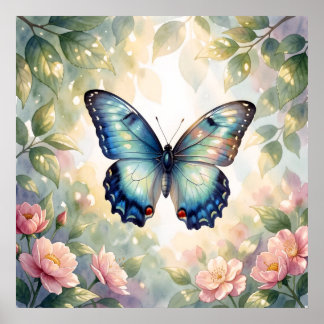 Blue Morpho Butterfly Floral Botanical Watercolor  ポスター