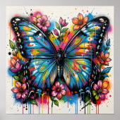 Blue Morpho Butterfly Street Art Graffiti Grunge ポスター (正面)