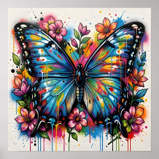 Blue Morpho Butterfly Street Art Graffiti Grunge ポスター (正面)