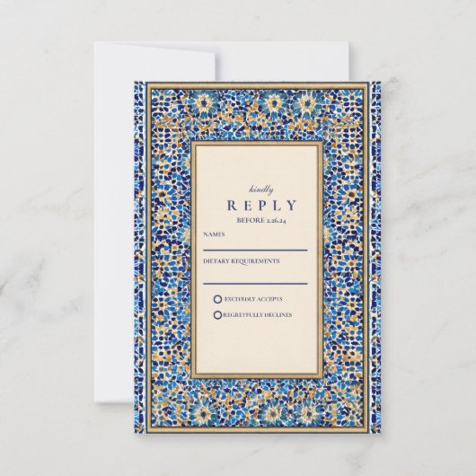 Blue Mosaic Islamic Wedding 出欠カード (正面)