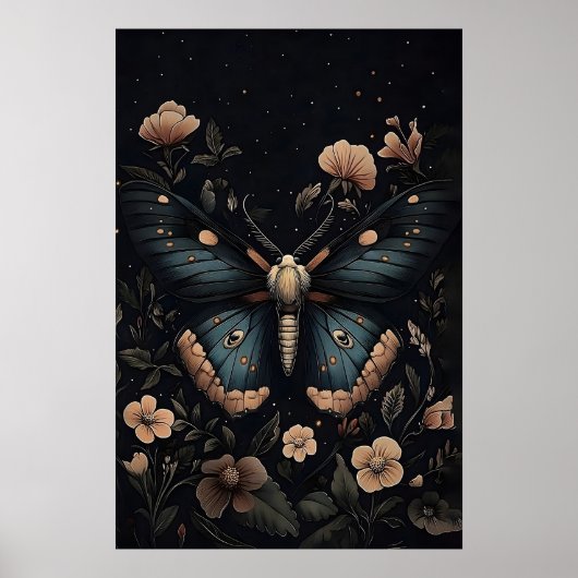 Blue Moth Botanical Print, Dark Academia Wall Art ポスター (正面)