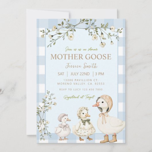 Blue Mother Goose Baby Shower Gender Boy 招待状 (正面)