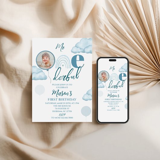 Blue Mr ONE-derful Photo Birthday Invitation 招待状