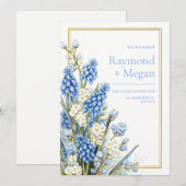 Blue Muscari White Blossom Gold Frame Wedding 招待状 (正面/裏面)