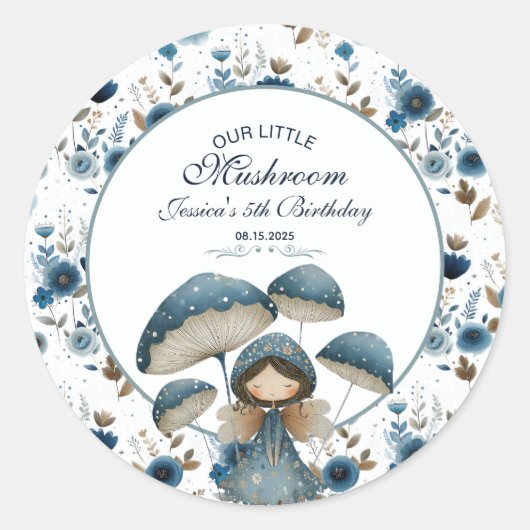 Blue Mushroom Fairy Enchanted Kids Birthday Party  ラウンドシール (正面)