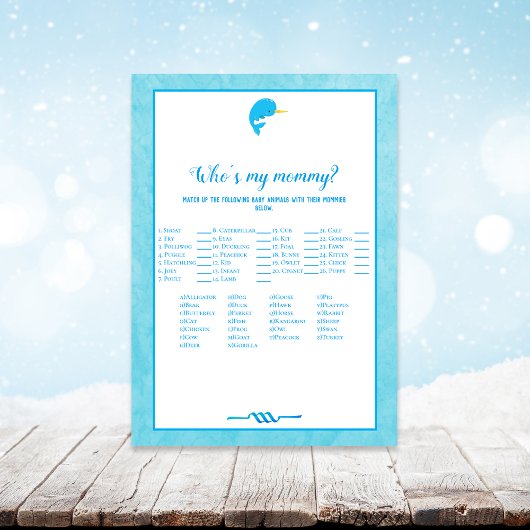 Blue Narwhal誰が私のママの赤ちゃんシャワーのゲーム 招待状