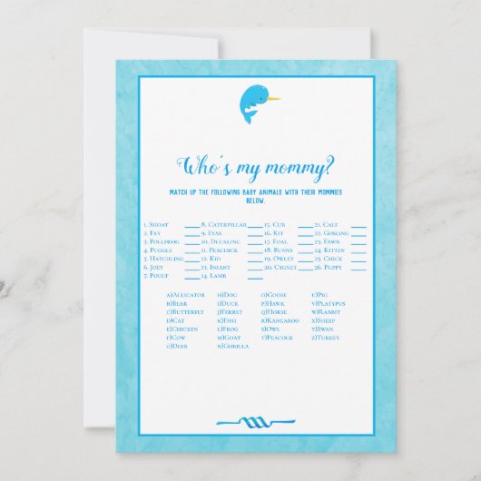 Blue Narwhal誰が私のママの赤ちゃんシャワーのゲーム 招待状 (正面)