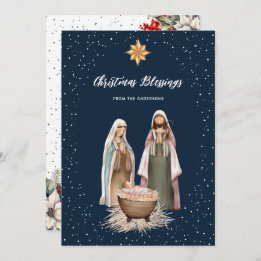 Blue Nativity Botanical Christian Christmas Card シーズンカード