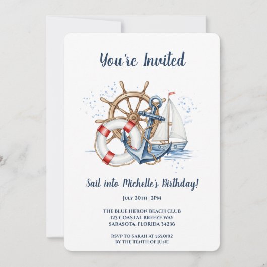 Blue Nautical Anchor Birthday Invite 招待状 (正面)
