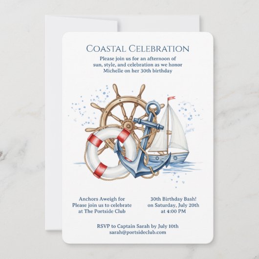 Blue Nautical Anchor Birthday Invite 招待状 (正面)