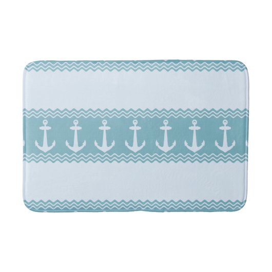 Blue Nautical Anchor Coastal Stripes バスマット (正面)