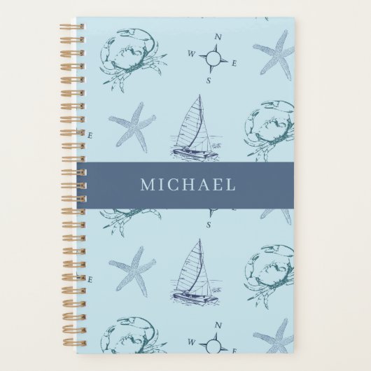 Blue Nautical Crab Starfish Boat Pattern Planner プランナー手帳 (正面)