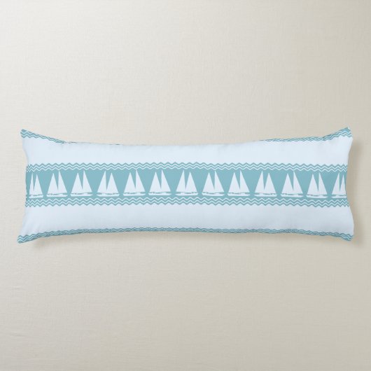 Blue Nautical Sailboat Coastal Stripes ボディピロー (正面)