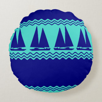 Blue Nautical Sailboat Coastal Stripes ラウンドクッション