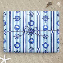 Blue Nautical Stripes with Maritime Motives ラッピングペーパー