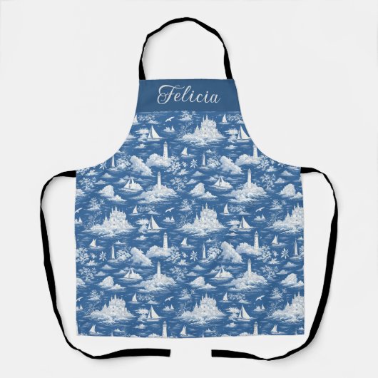 Blue Nautical Toile de Jouy エプロン (正面)