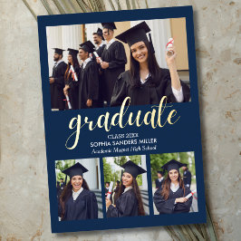 Blue Navy and Gold Script 4 photos Graduated 箔招待状