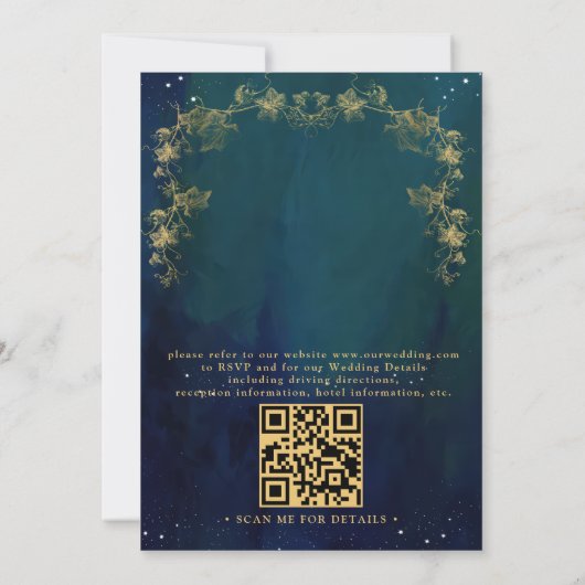 Blue Navy and Green Enchanting QR Code Wedding 招待状 (裏面)