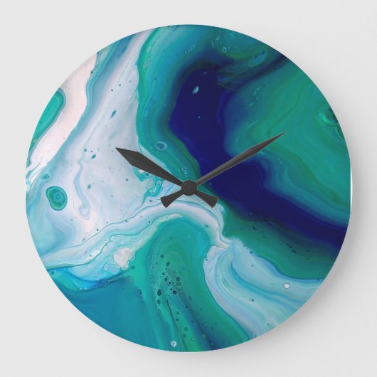 Blue Navy Turquoise Water Abstract Art Wall Clock ラージ壁時計 (正面)