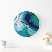 Blue Navy Turquoise Water Abstract Art Wall Clock ラージ壁時計 (ホーム)