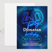 Blue Neon 40th Birthday Party Invitation Card 招待状 (正面/裏面)