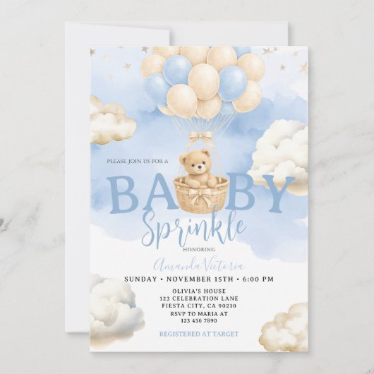 Blue Neutral Bear Cloud Balloon Baby Shower 招待状 (正面)
