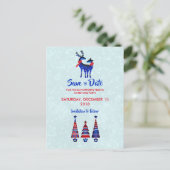 Blue Nordic Christmas Reindeer Pair Save The Date ポストカード (スタンド正面)