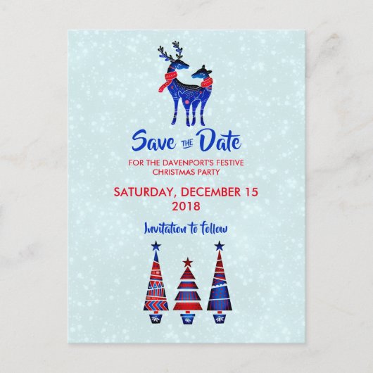 Blue Nordic Christmas Reindeer Pair Save The Date ポストカード (正面)