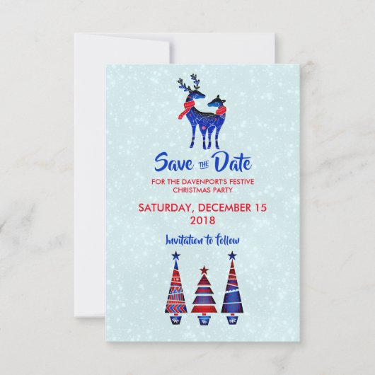 Blue Nordic Christmas Reindeer Pair Save The Date 招待状 (正面)