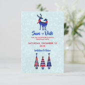 Blue Nordic Christmas Reindeer Pair Save The Date 招待状 (スタンド正面)