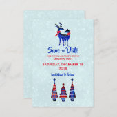 Blue Nordic Christmas Reindeer Pair Save The Date 招待状 (正面/裏面)