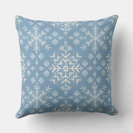 Blue Nordic Snowflake Pattern Winter Holiday クッション (裏面)
