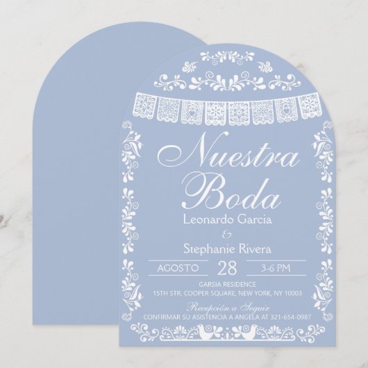 Blue Nuestra Boda Papel Picado Spanish Wedding 招待状 (正面/裏面)