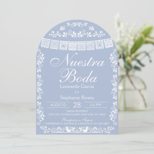 Blue Nuestra Boda Papel Picado Spanish Wedding 招待状 (スタンド正面)