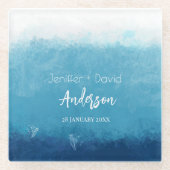 Blue Ocean Beach Wedding Custom Names Wedding  ガラスコースター (正面)