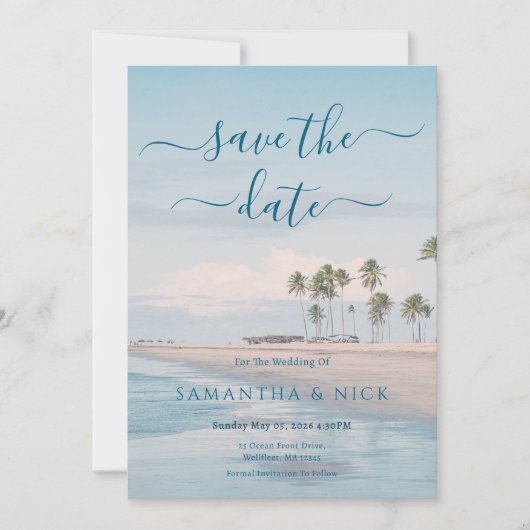 Blue Ocean Beach Wedding Save The Date Card (正面)