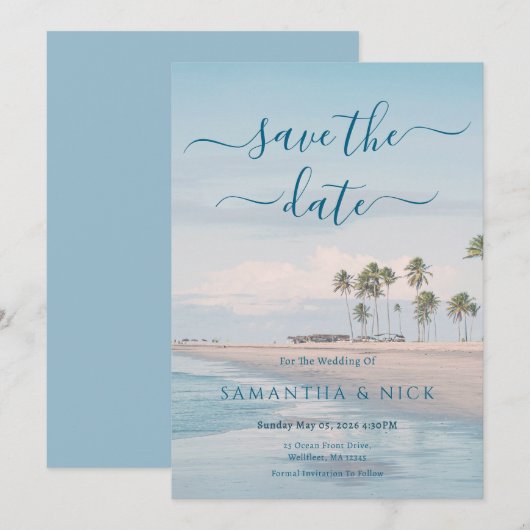 Blue Ocean Beach Wedding Save The Date Card (正面/裏面)