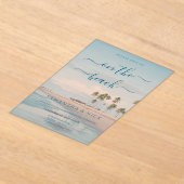 Blue Ocean Palm Tree Beach Wedding アクリル招待状 (レイダウン)