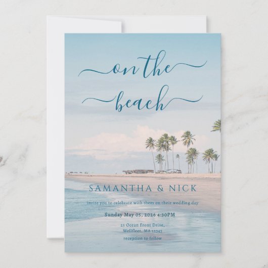 Blue Ocean Palm Tree Beach Wedding 招待状 (正面)