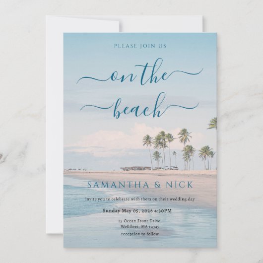 Blue Ocean Palm Tree Beach Wedding 招待状 (正面)
