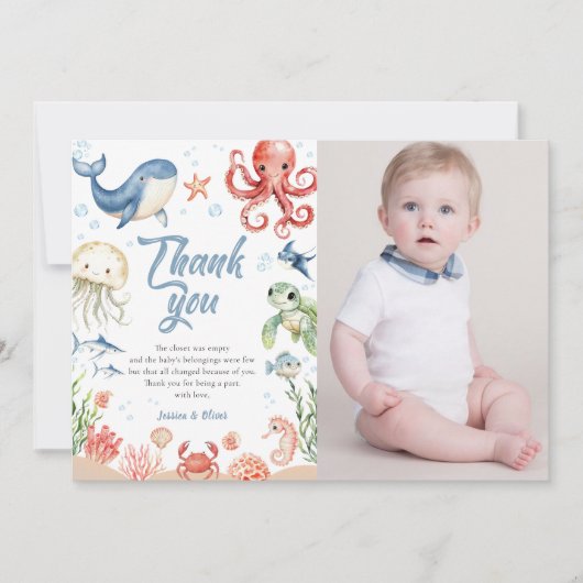 Blue Ocean Photo Baby Shower Thank You Cards (正面)